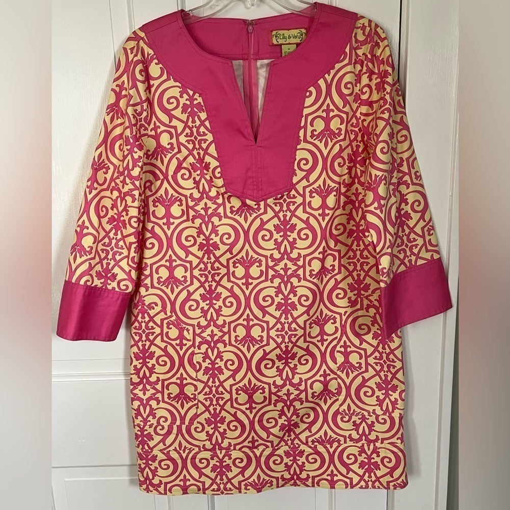 Lilly & Van Cotton Spandex Yellow Pink Shift Dress Pulitzer Inspired Size M
